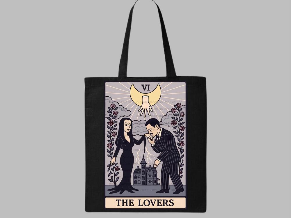 Morticia & Gomez Addams, Tarot Card The Lovers Tote Bag, Gothic Romance